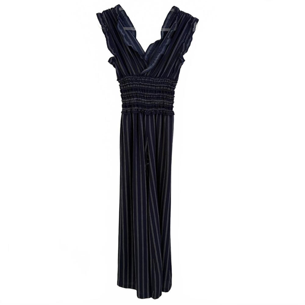 Max Studio | Navy Blue White Striped V Neck Ruffle Cap Sleeve Jumpsuit Size XS